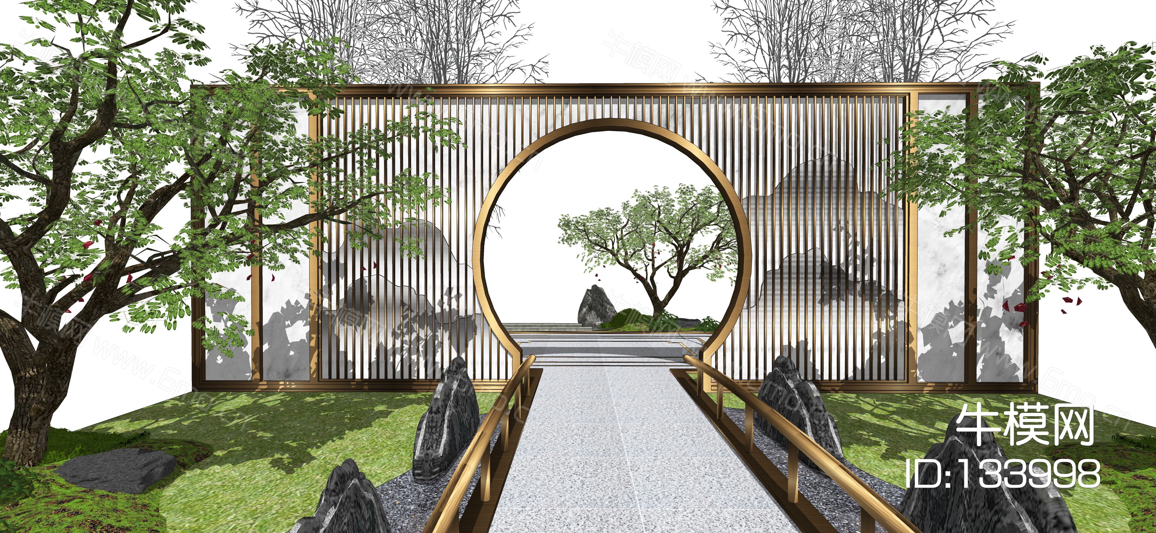 新中式景墙景观小品庭院景观景观树su模型su模型下载