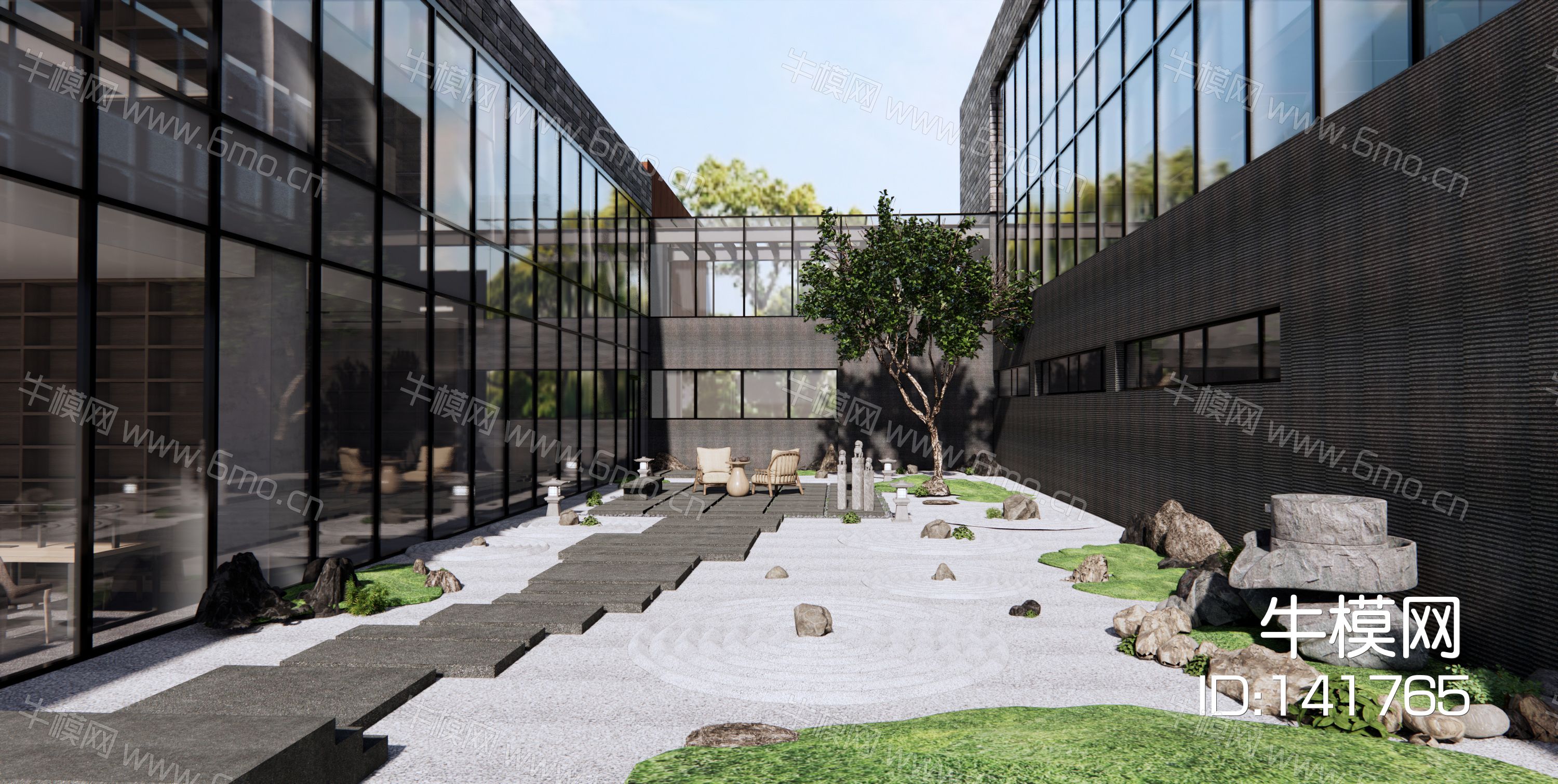 新中式办公楼庭院景观su模型下载