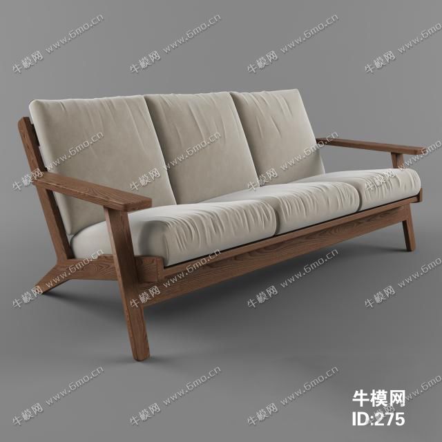新中式实木布艺三人沙发