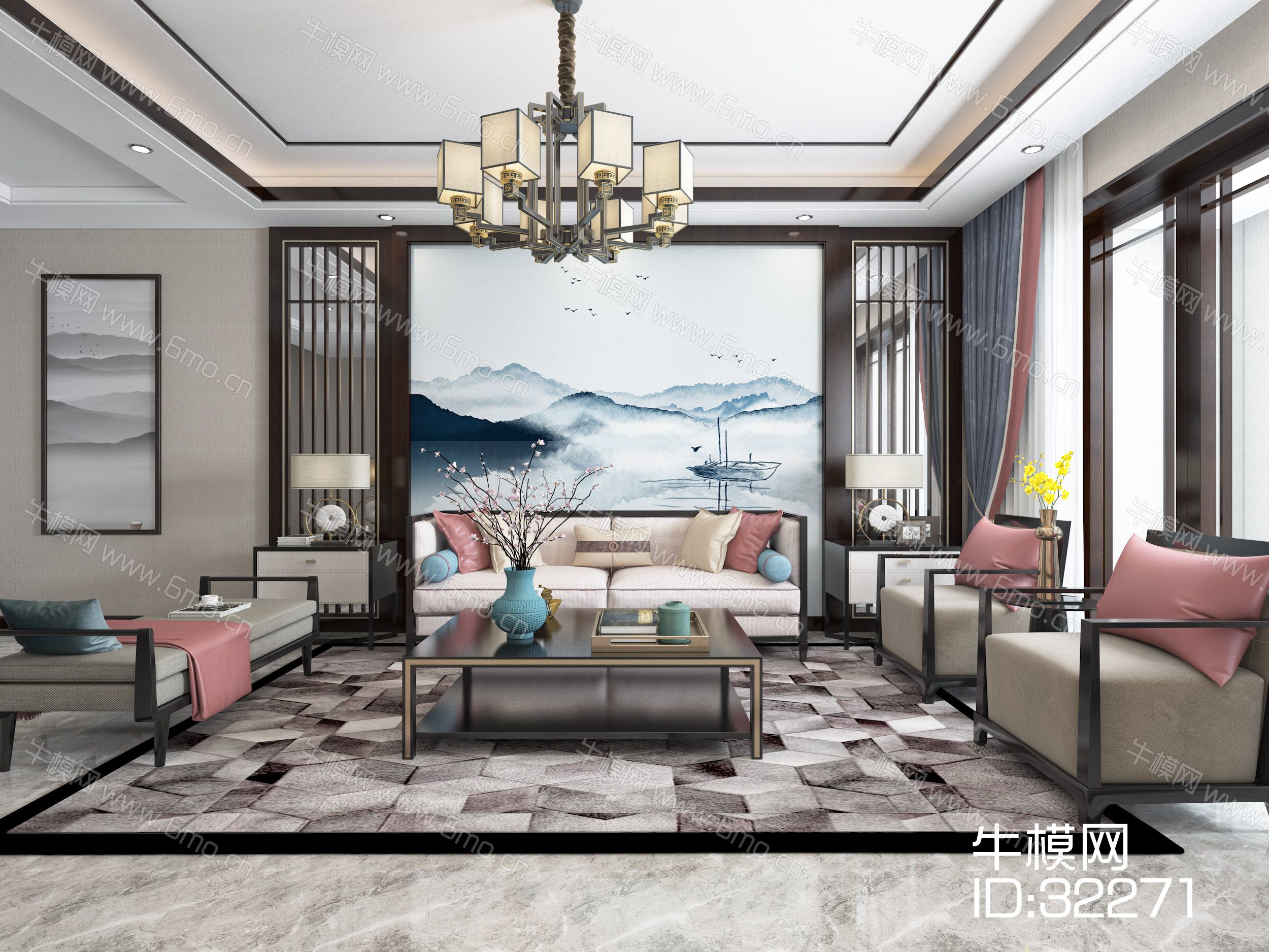 新中式客厅沙发电视柜吊灯装饰画