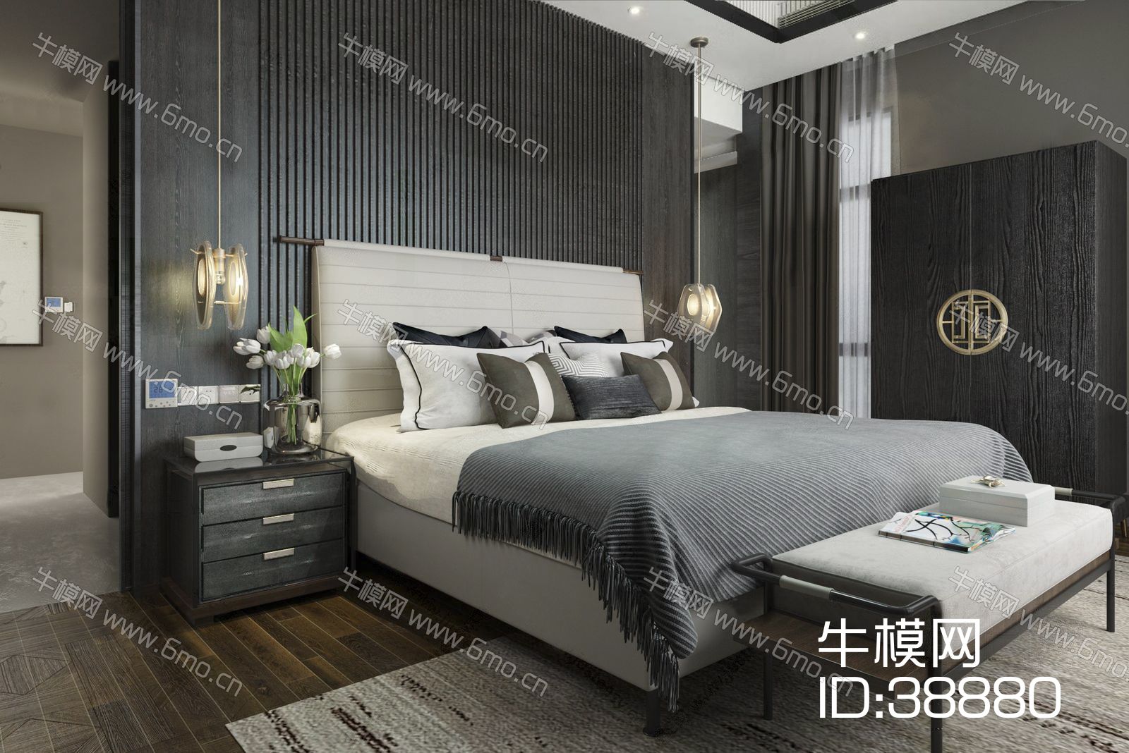 新中式卧室 床头柜 床尾凳 双人床 床 单人床