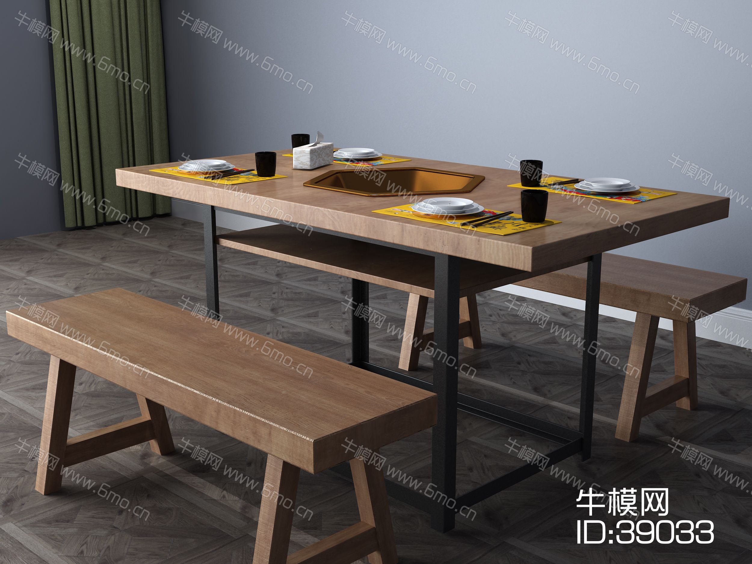 长桌餐桌卡座火锅3d模型下载