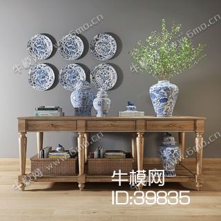 中式端景台陶瓷陈设品组合
