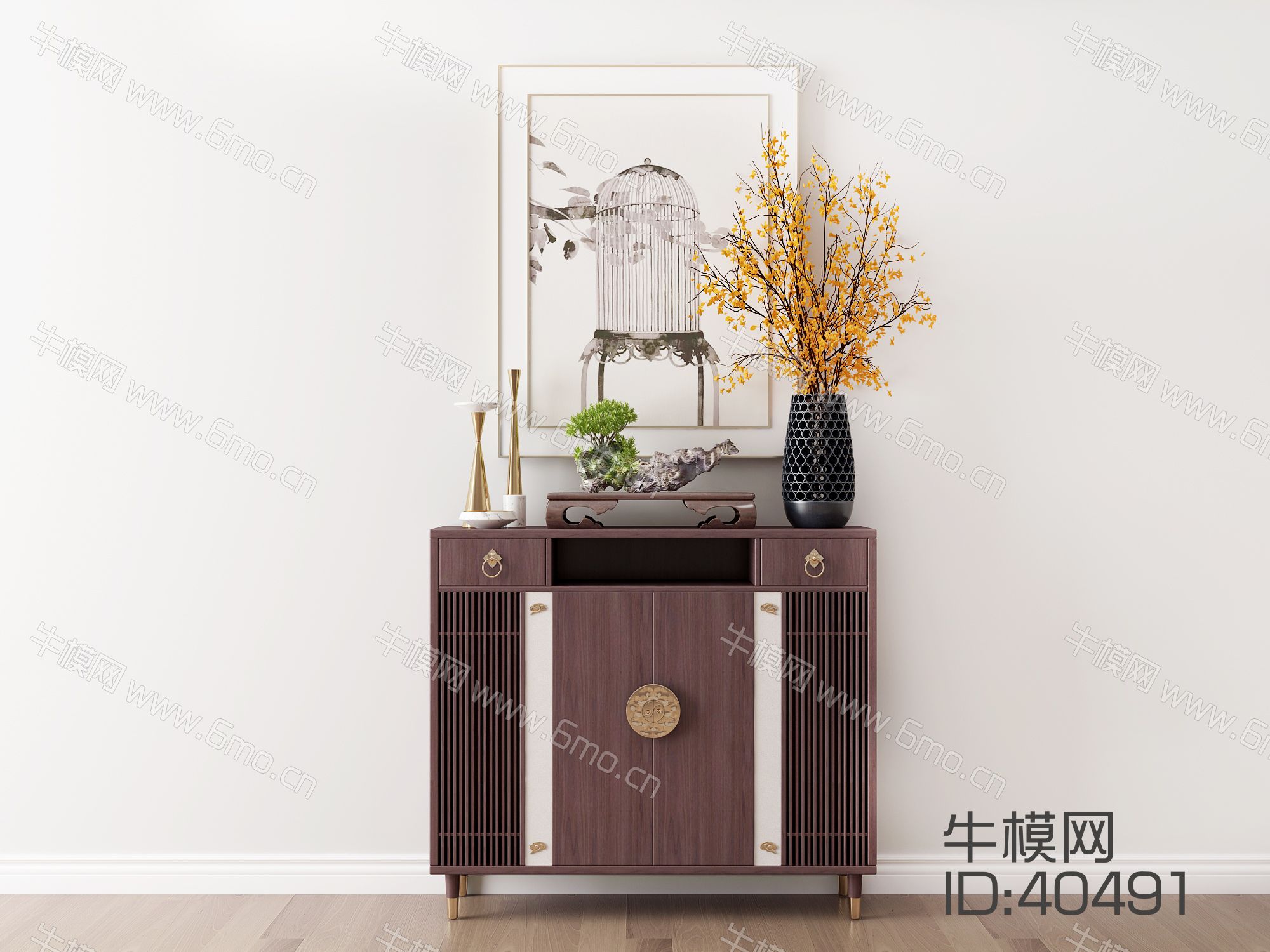 新中式实木装饰柜挂画摆件组合