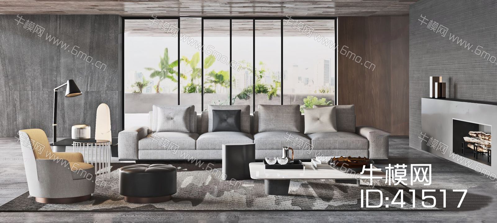 现代混搭灰色沙发、黑色茶几组合