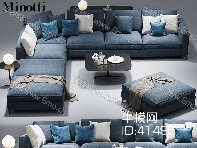 意大利minotti做旧蓝色沙发、茶几组合