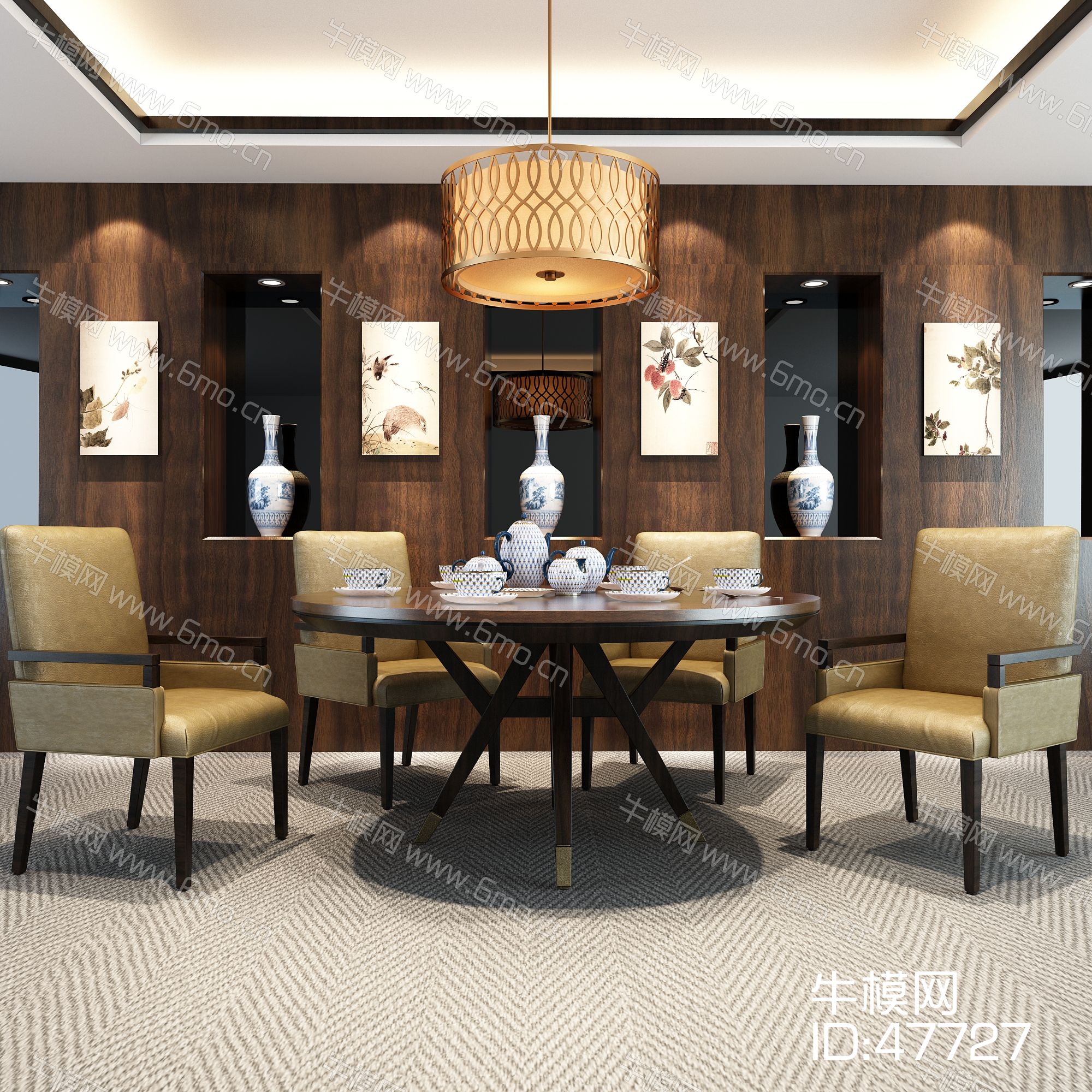 中式风格实木皮艺餐桌椅组合