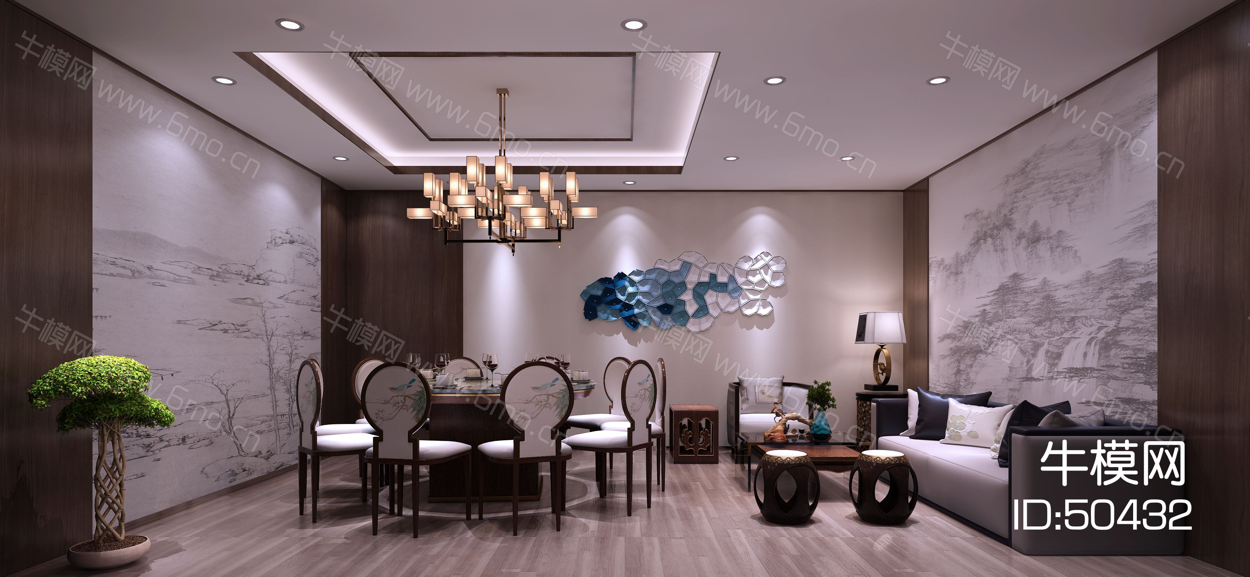 新中式餐厅包厢  餐桌椅  落地灯  墙饰  吊灯 