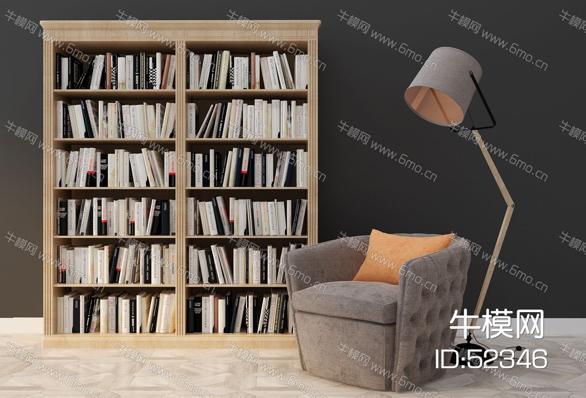 欧式美式书柜单人沙发落地灯组合