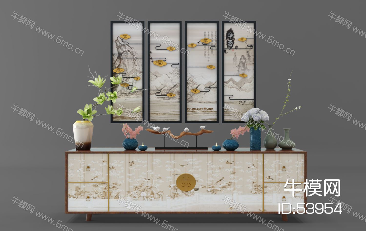新中式玄关柜花瓶花卉挂画装饰组合