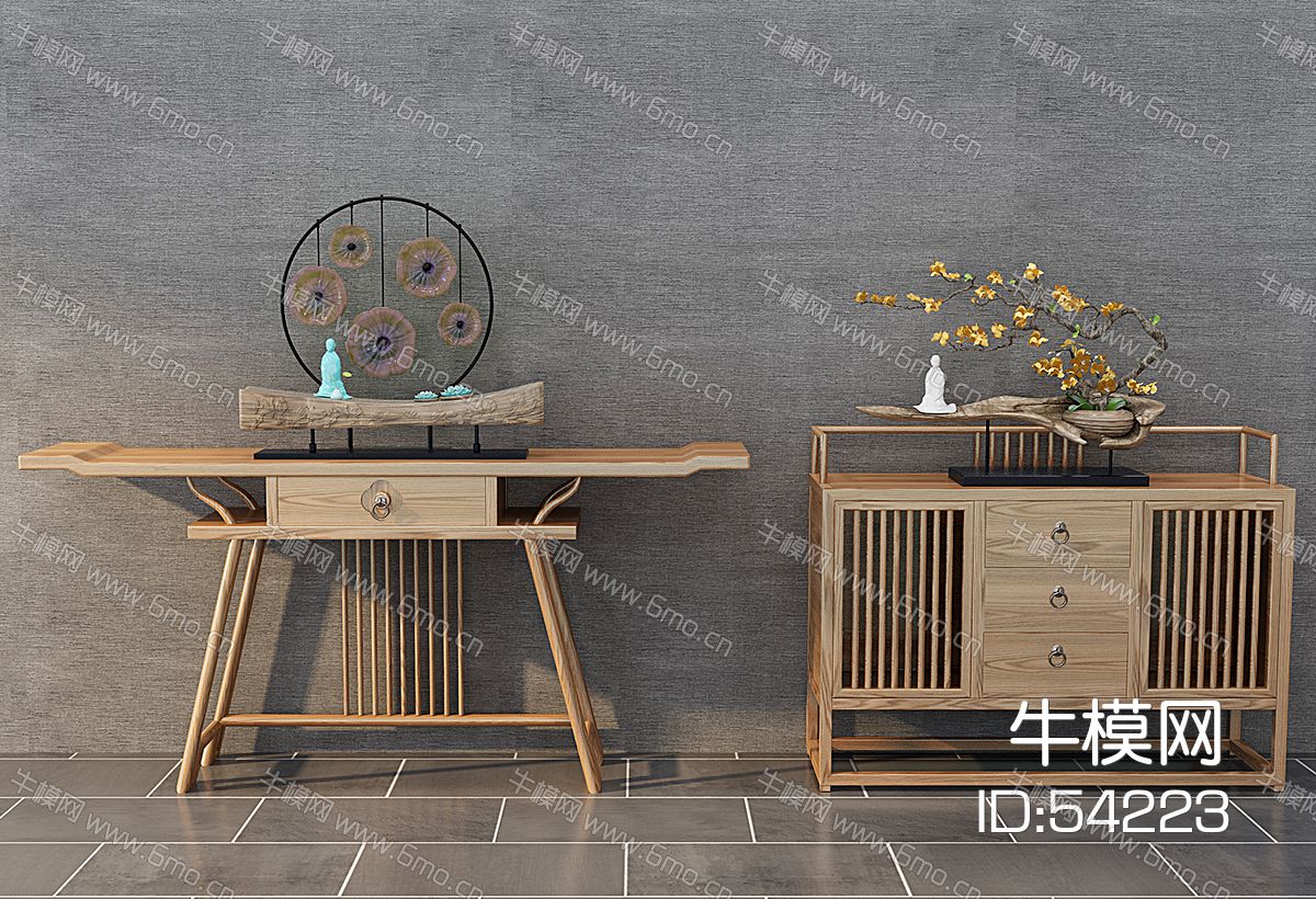 新中式实木端景台玄关柜木雕摆件组合