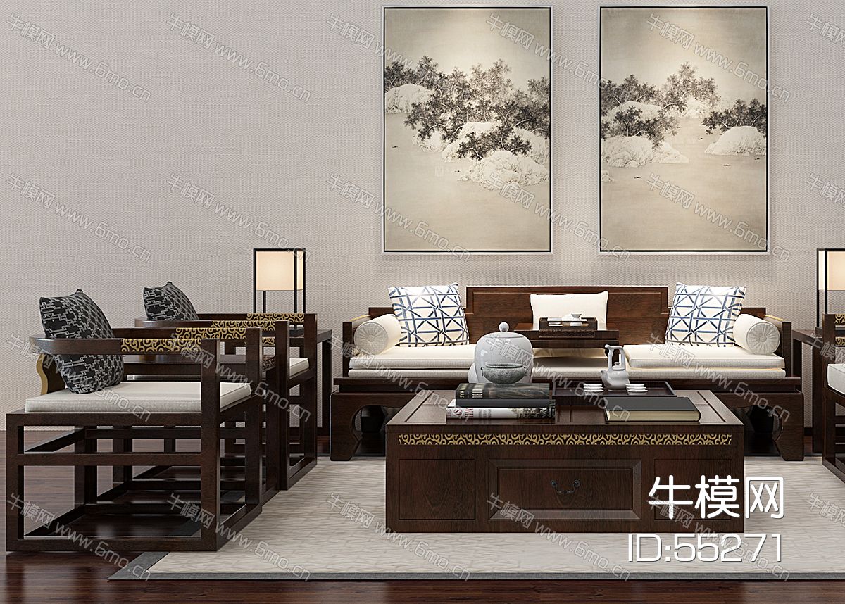 中式古典实木沙发茶几挂画组合