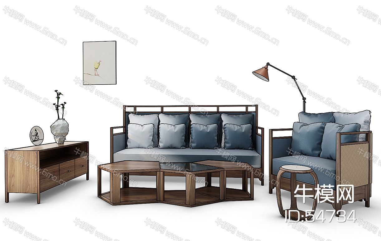 新中式沙发茶几组合鼓凳
