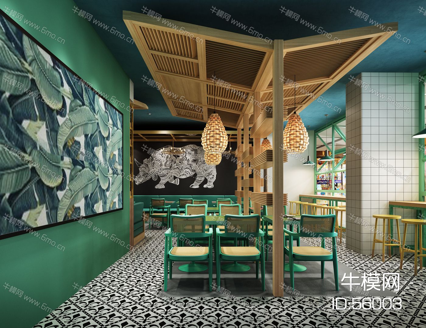 现代民宿绿色餐厅桌椅