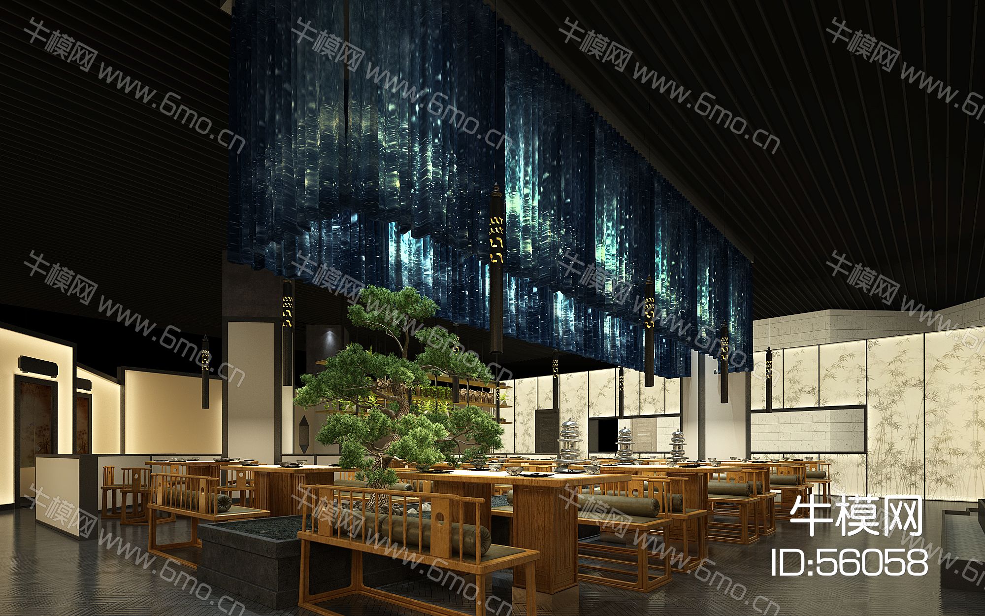 新中式自助餐厅餐桌椅卡座迎客松水景
