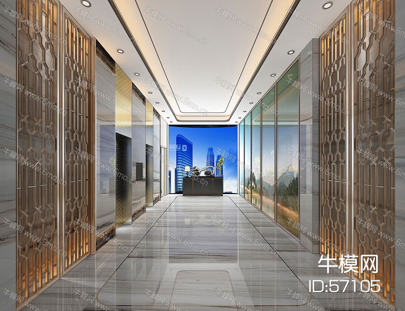 新古典新中式电梯厅过道金属屏风花格