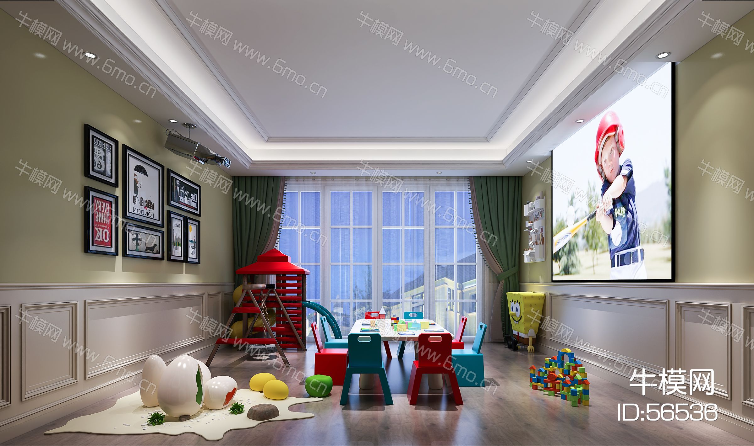 现代儿童活动室 休闲娱乐室 桌椅 玩具 滑梯 挂画 显示屏