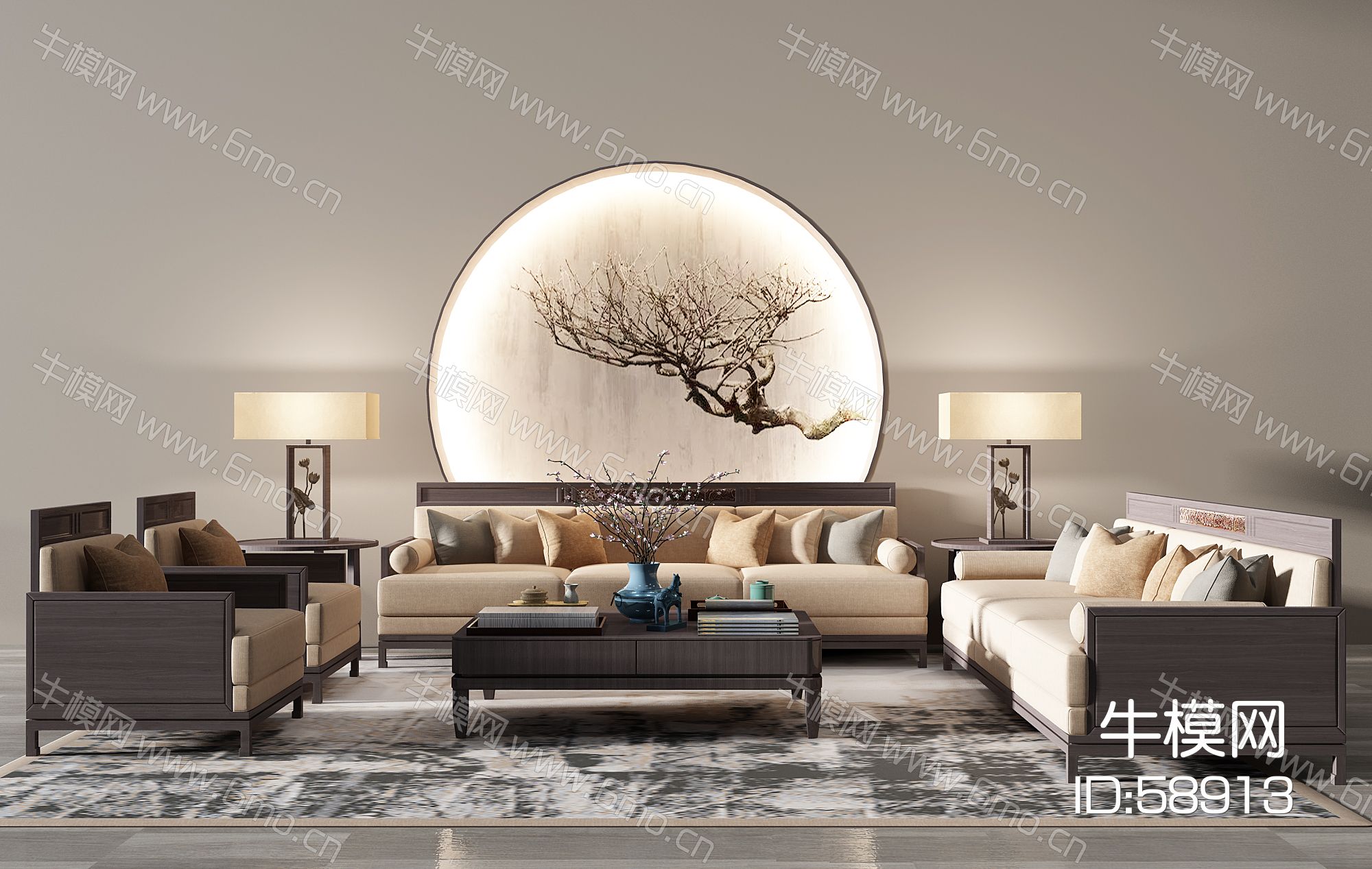 新中式沙发茶几干枝圆形背景墙单人沙发