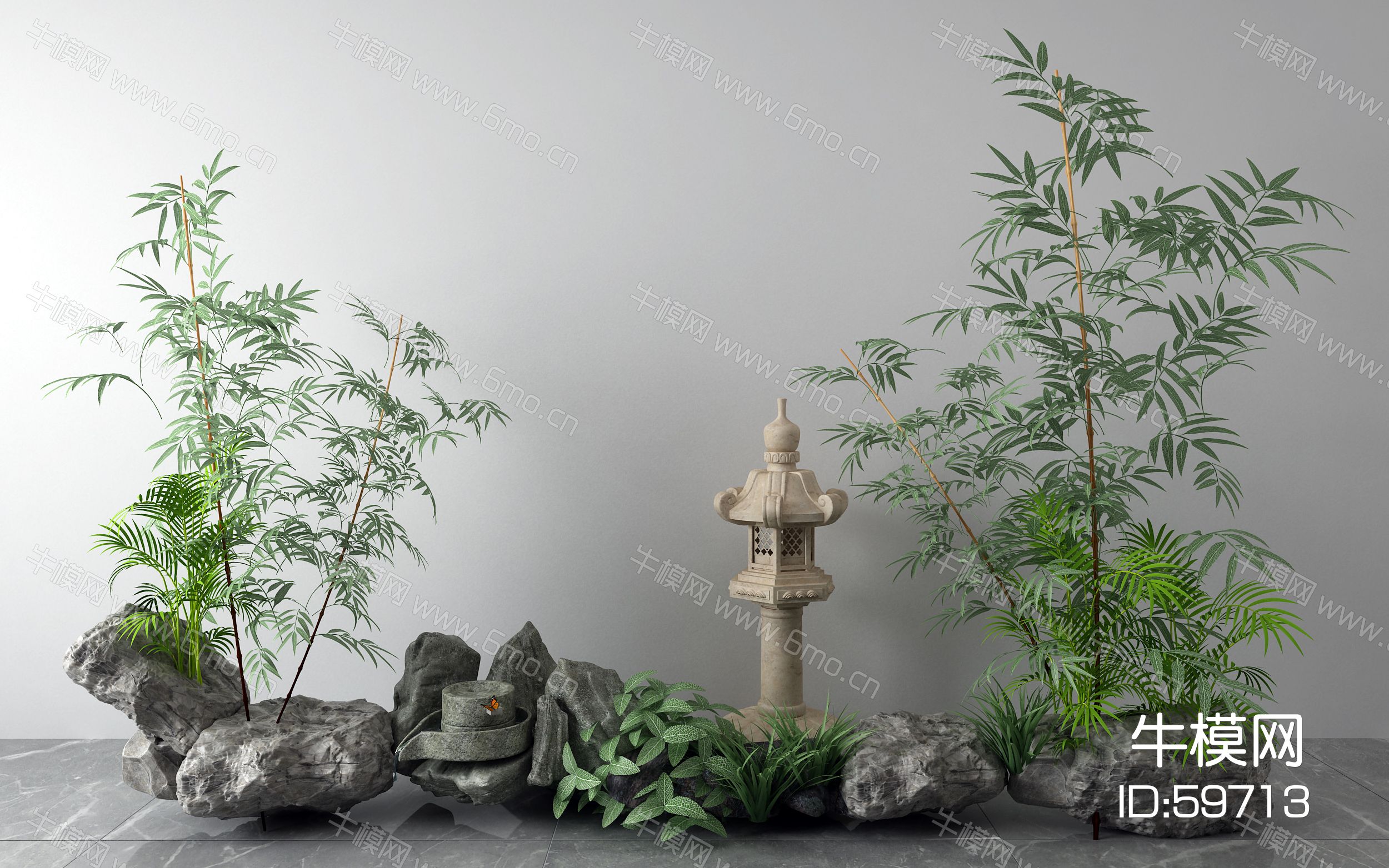 新中式景观小品 石头 竹子 石灯