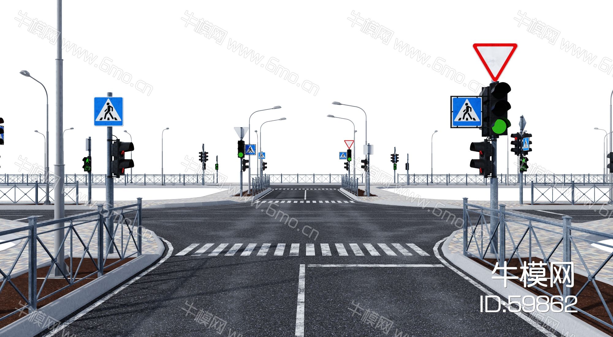 道路小品，道路标线，车行线，斑马线，道路标志，红绿灯，路灯