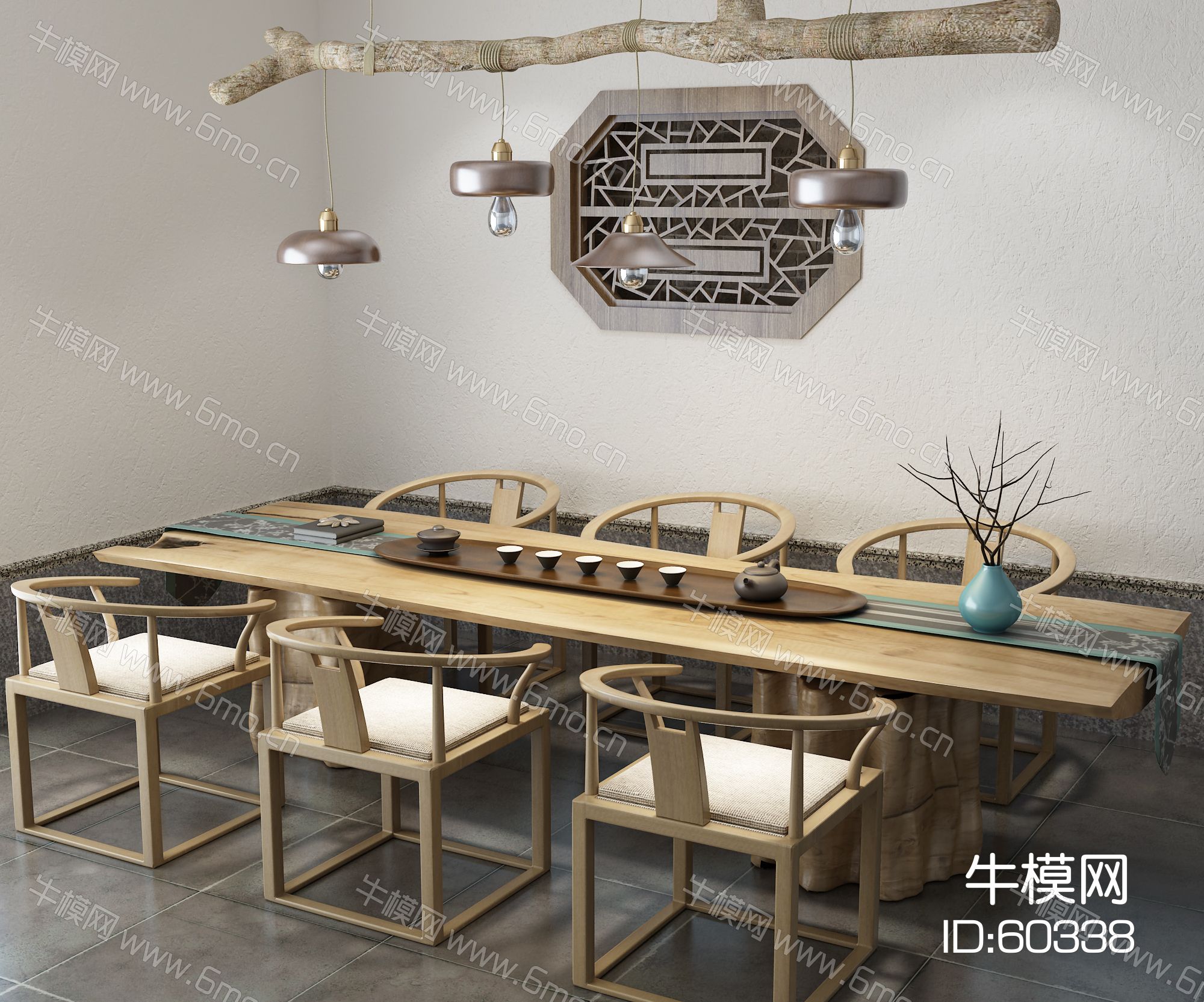 中式茶桌 吊灯 镂花窗