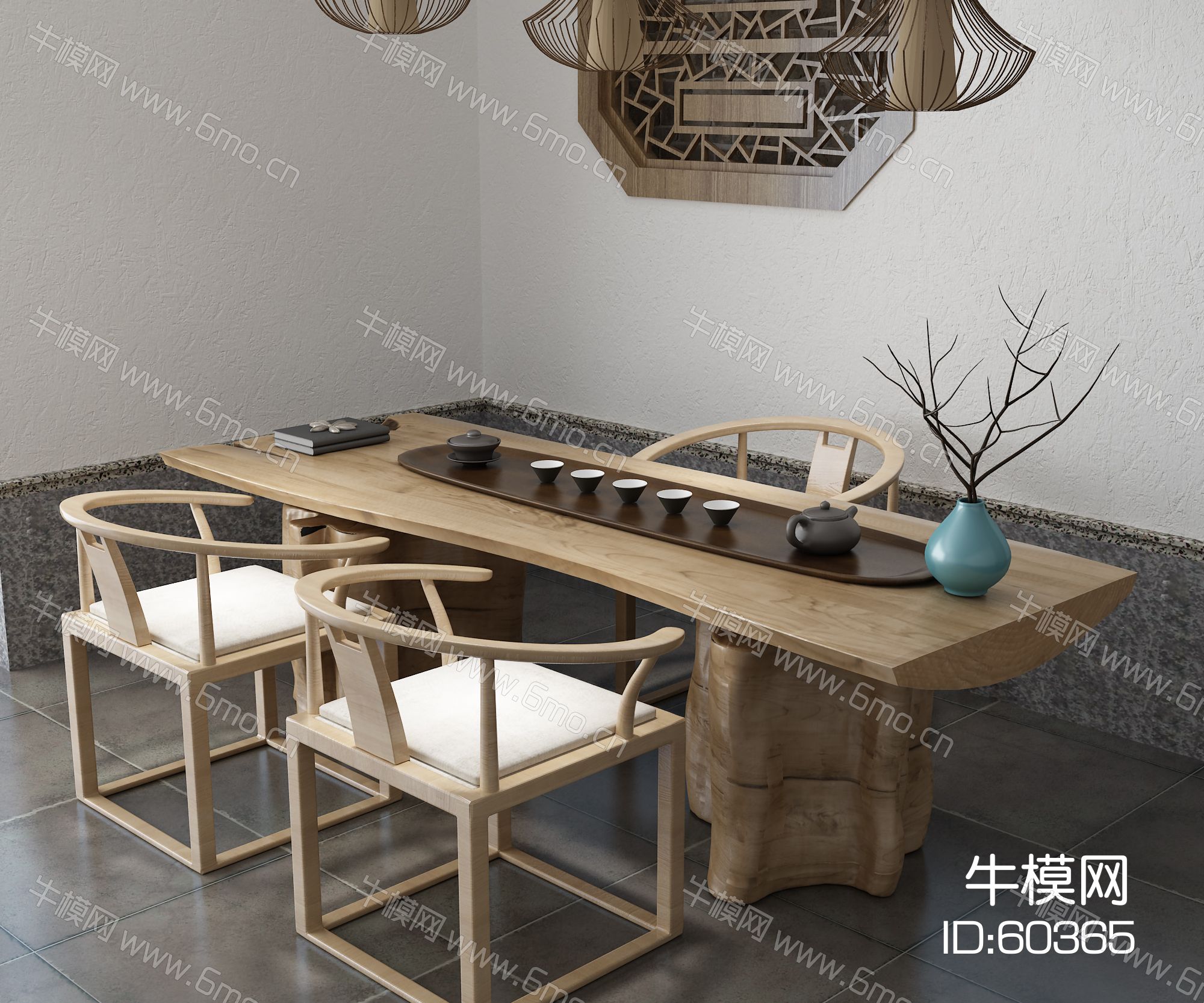 新中式茶桌 吊灯 镂花窗