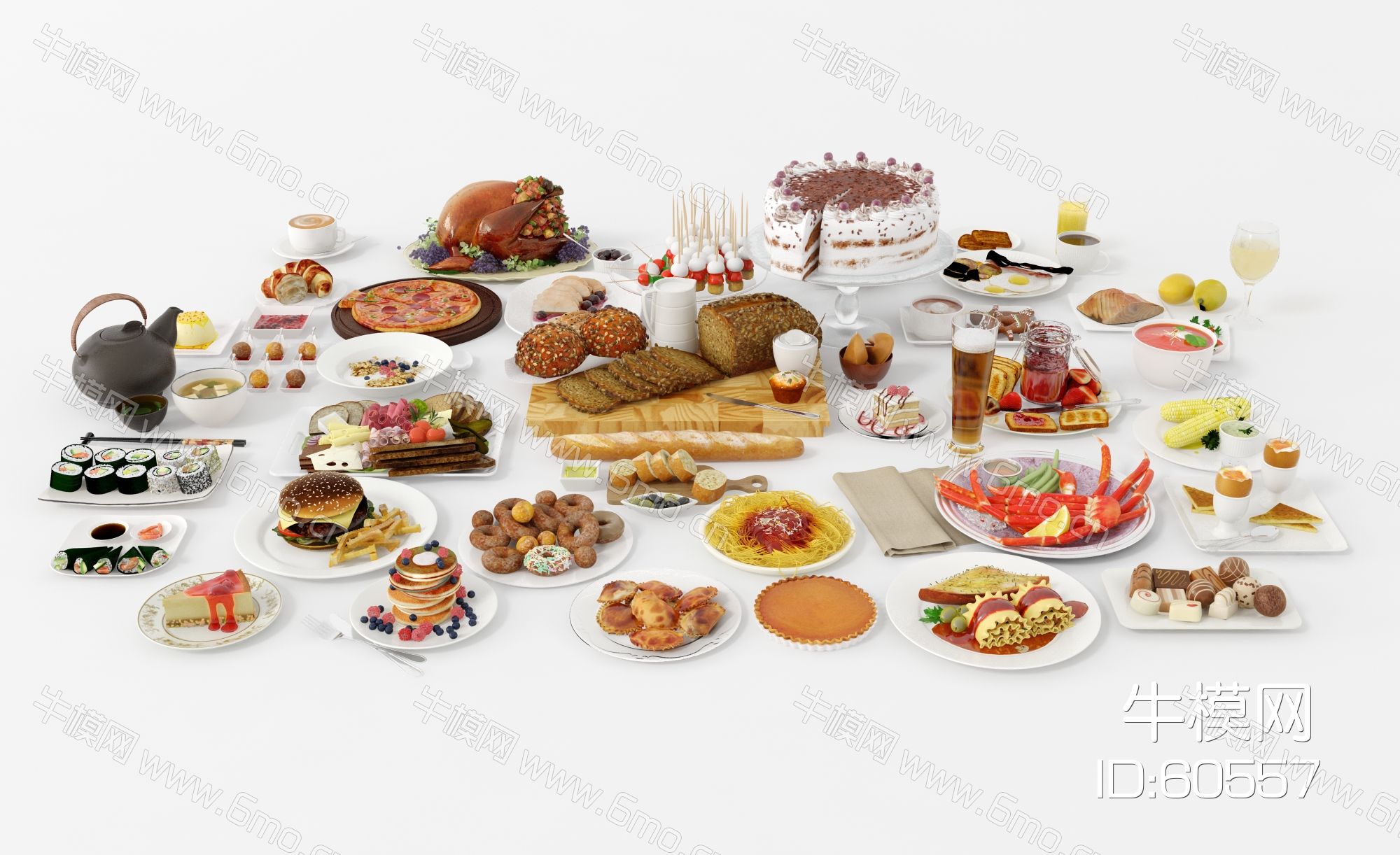 现代食品，食物组合，面包蛋糕，甜品饮料，美食熟食，餐饮组合