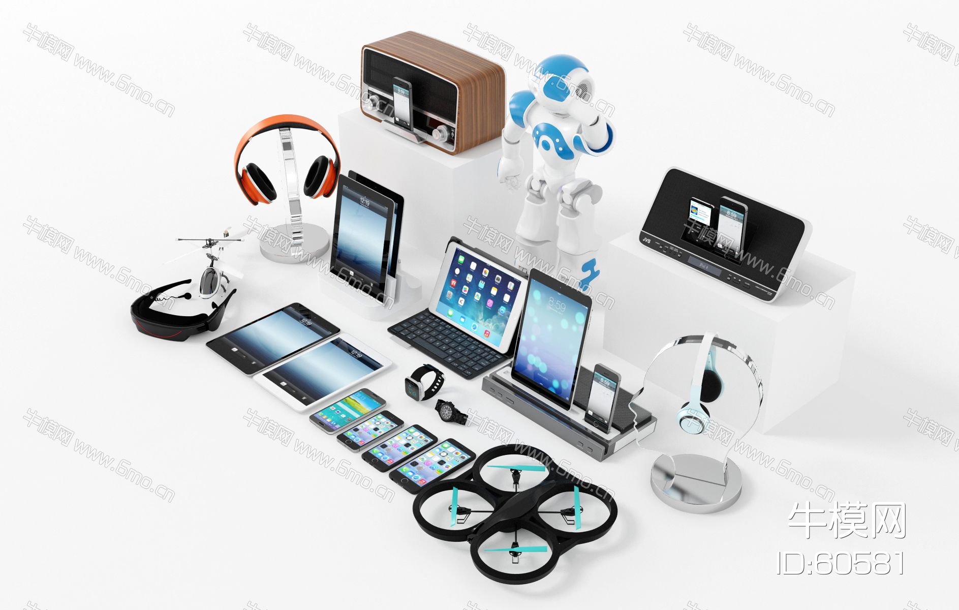 现代数码产品，电子产品，电子组合，平板电脑，苹果手机，耳机，无人机