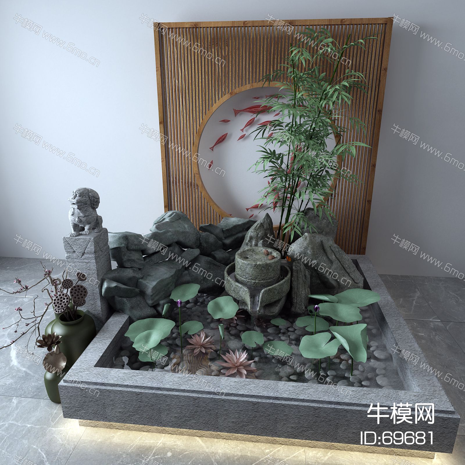 新中式景观小品 荷花 竹子