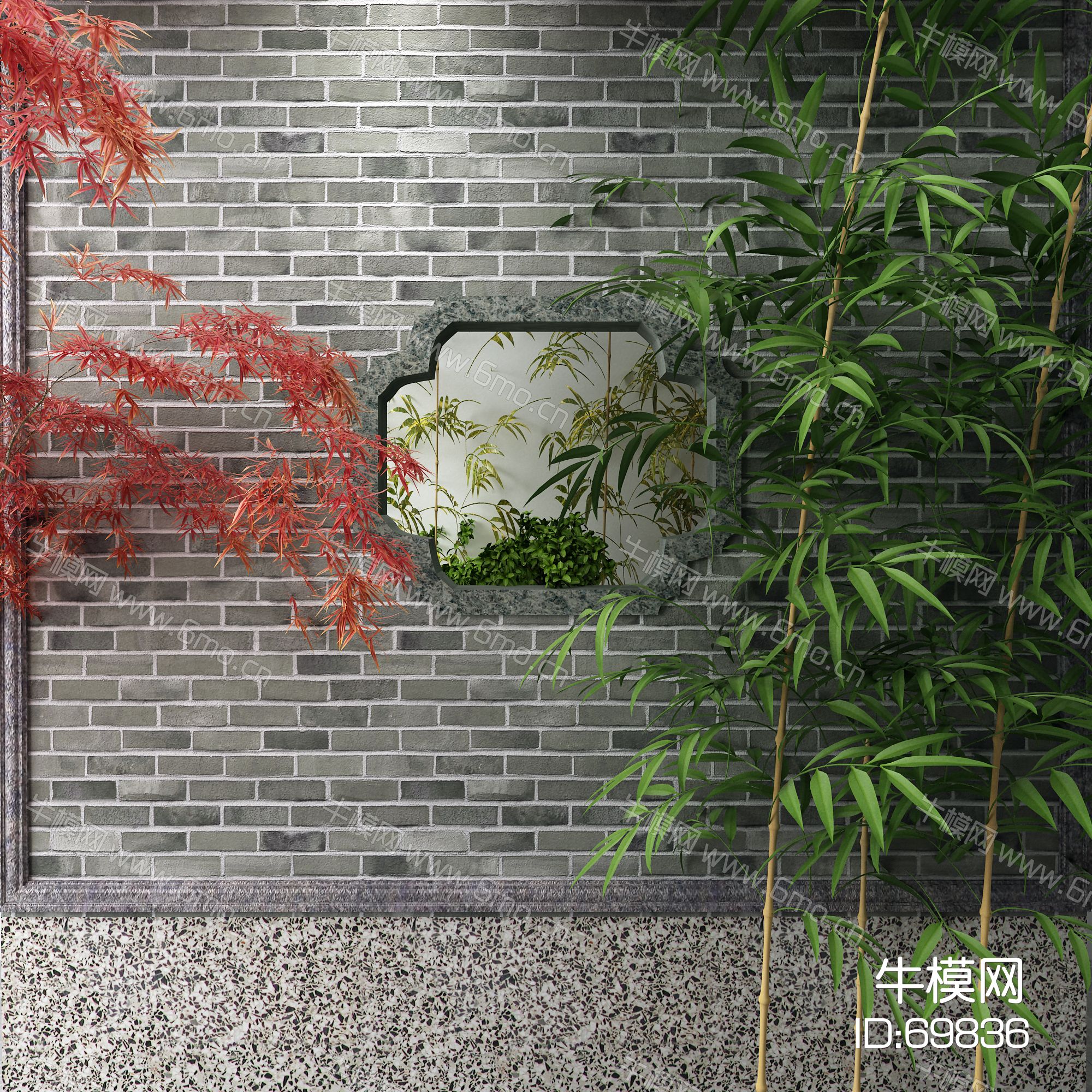 新中式竹子 红枫 砖墙