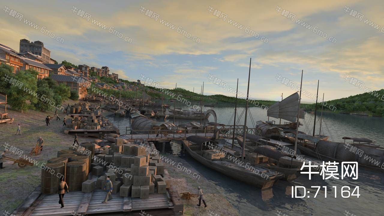 中式古代沿河船碼頭 貨運碼頭dmax動畫場景