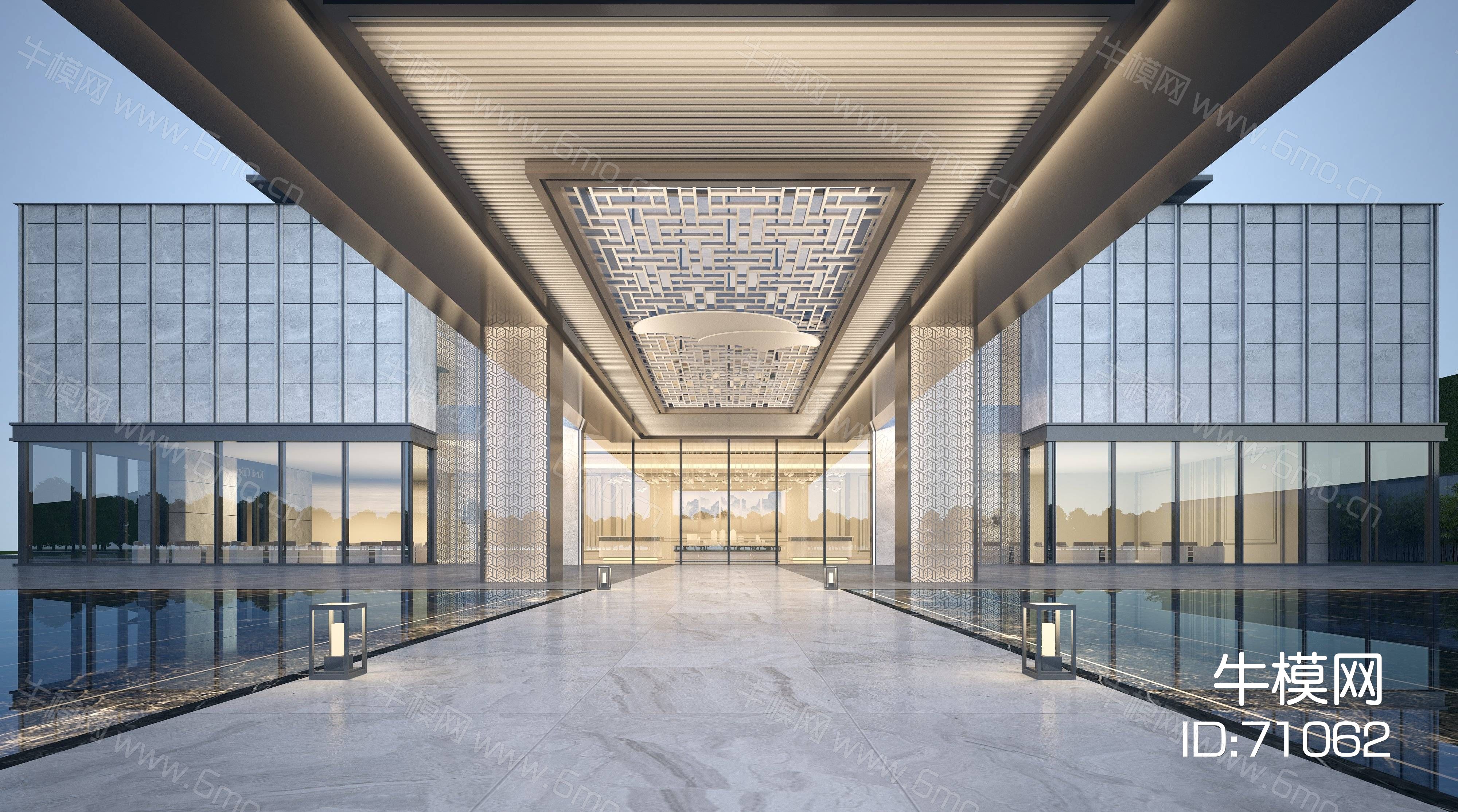 现代售楼处入口会所入口夜景3d模型下载