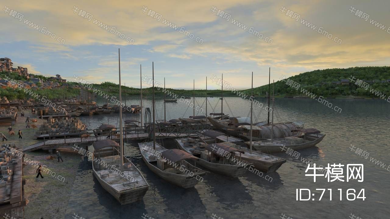中式古代沿河船碼頭 貨運碼頭dmax動畫場景