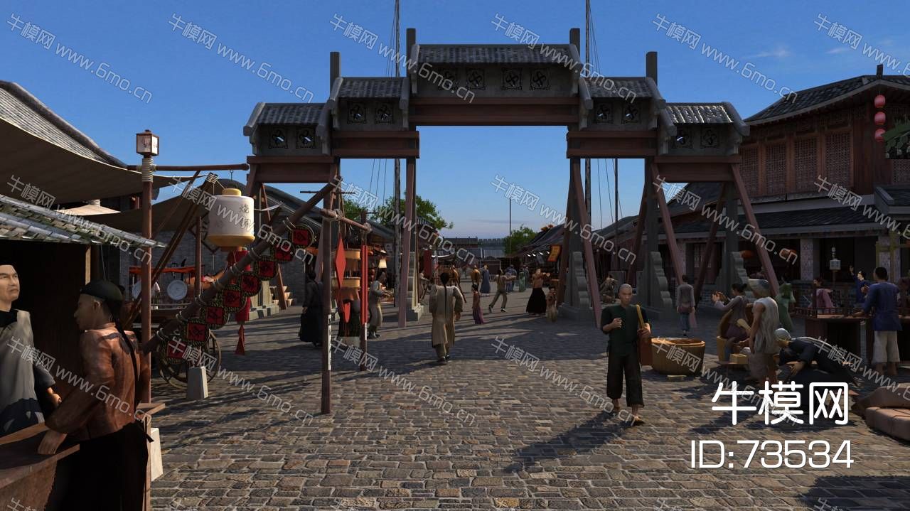 中式古代清朝时期古代街道街角摊贩售卖人物古街场景