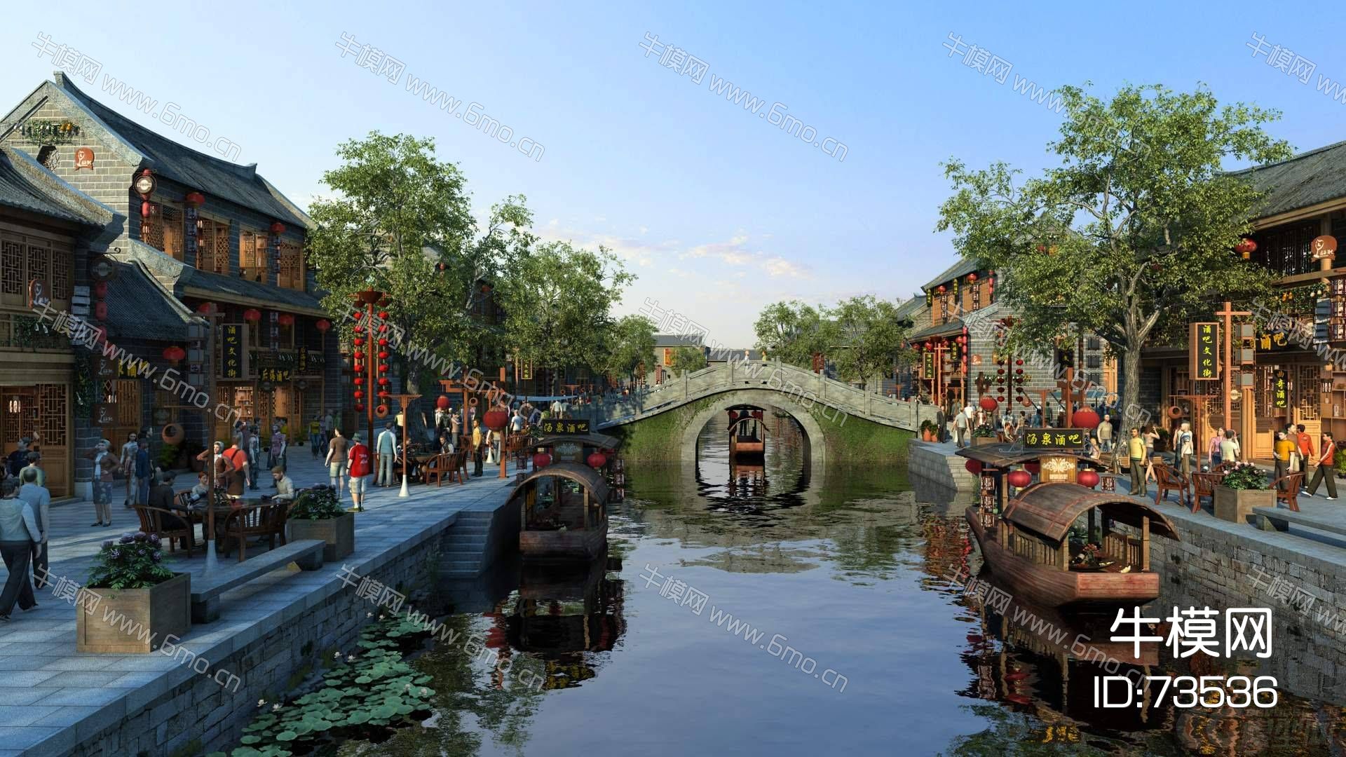 中式古镇水系旅游商业街酒吧文化街写实场景