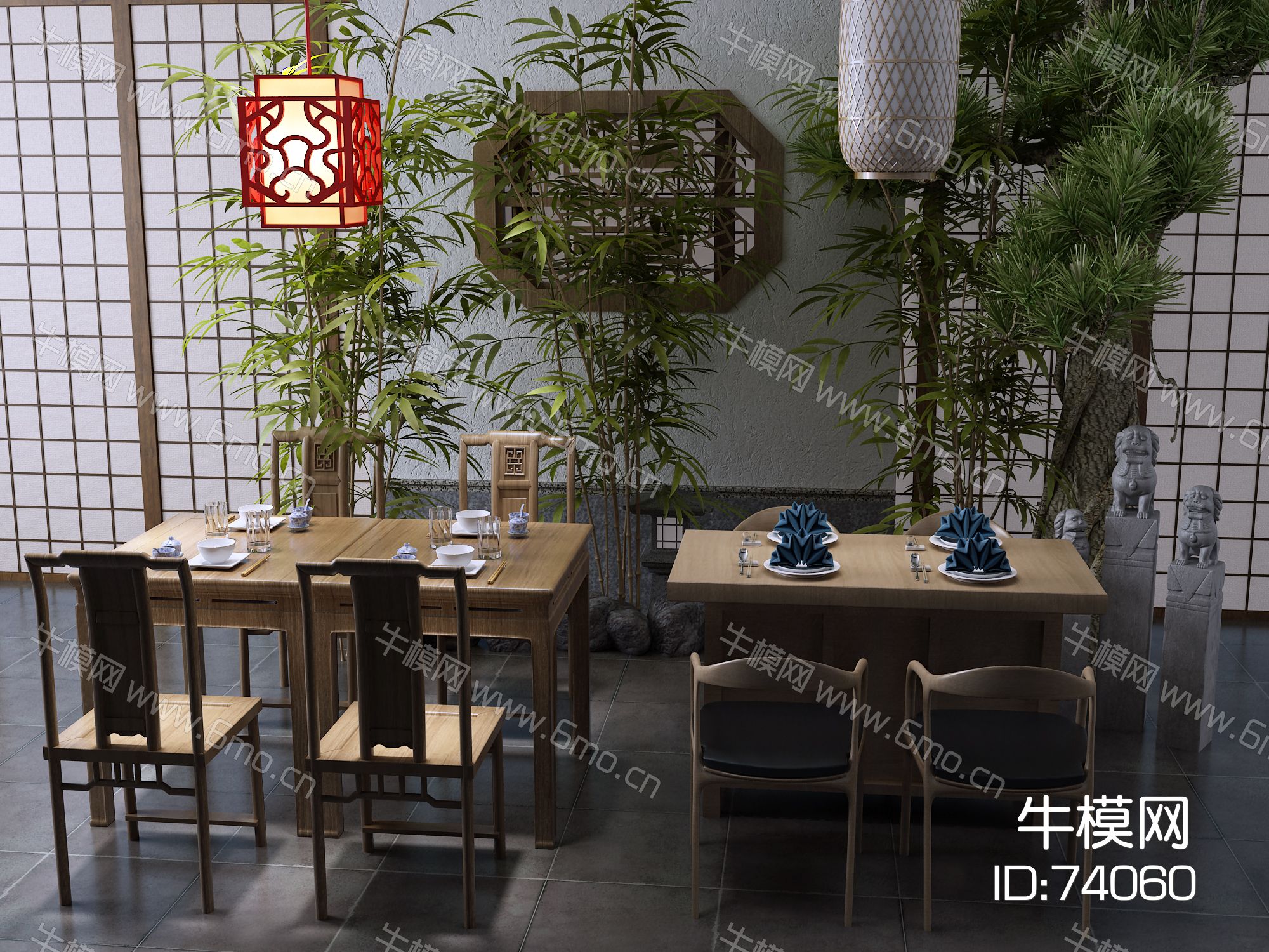新中式餐桌 竹子 灯笼
