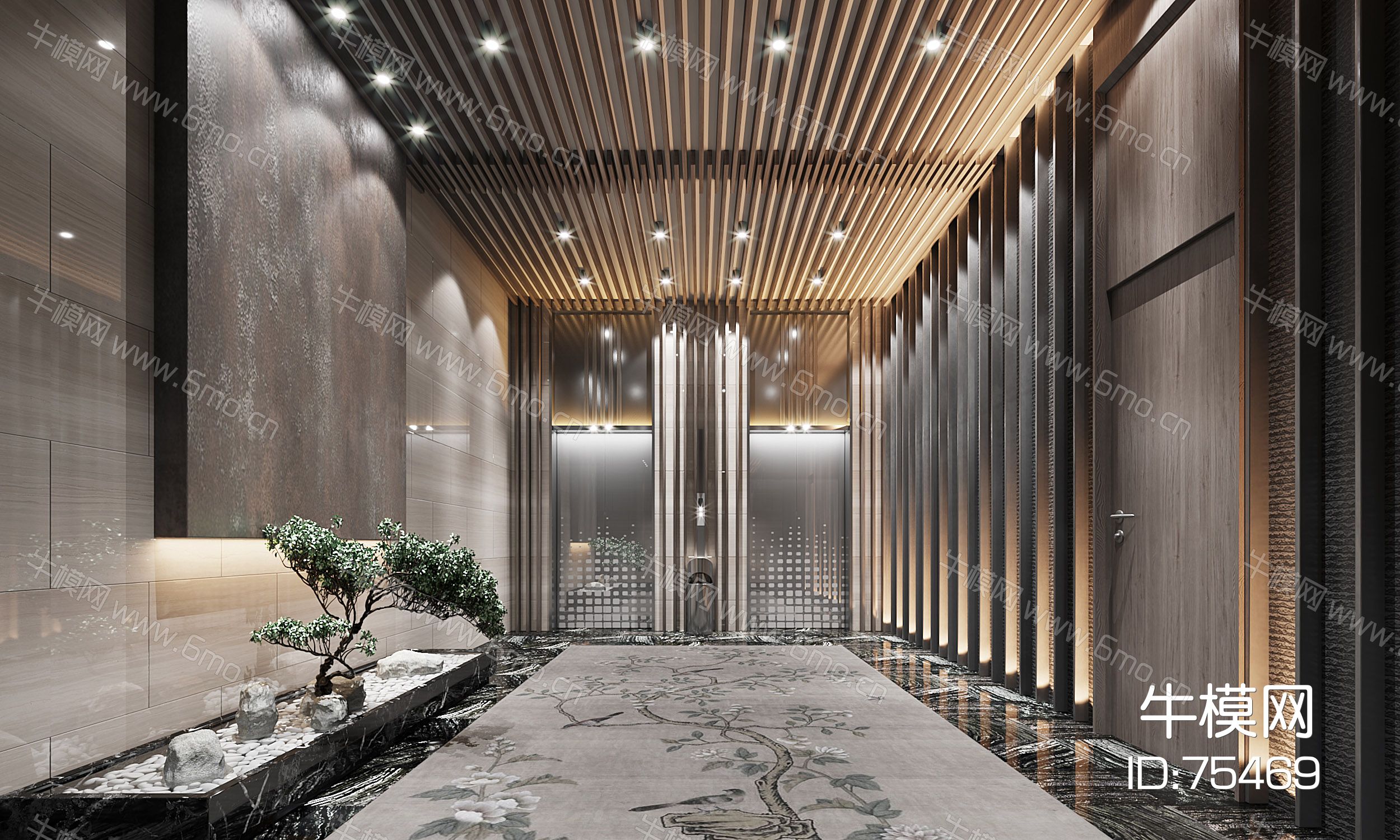 新中式酒店会所电梯间松树水景景观石头