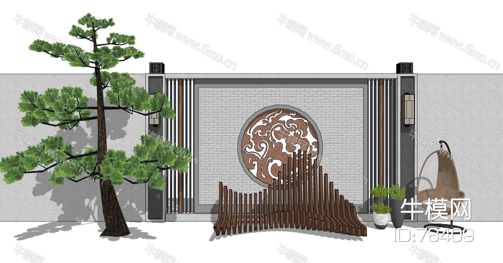 中式景观背景墙木质长条凳休闲座椅