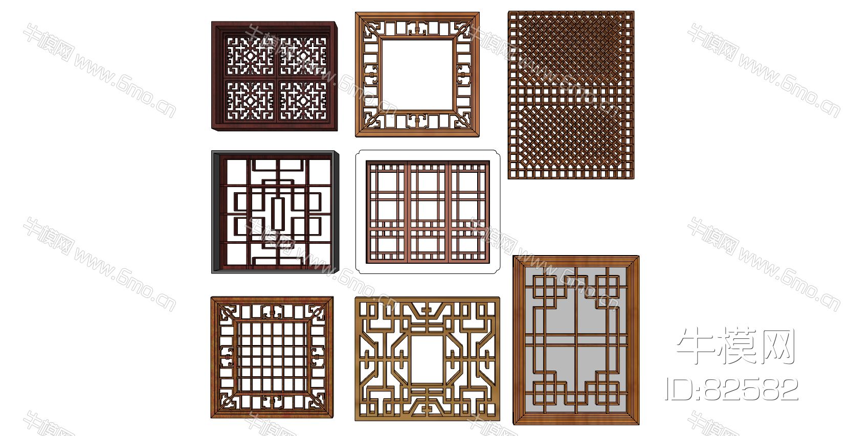 中式木窗格花格花窗景窗su模型下載