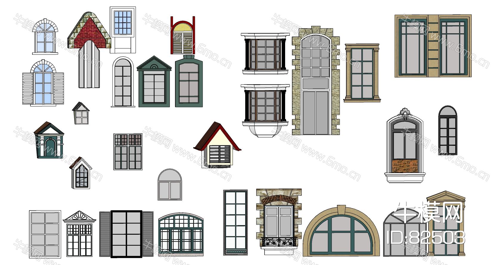 欧式建筑别墅弧形窗户罗马窗百叶窗户su模型下载