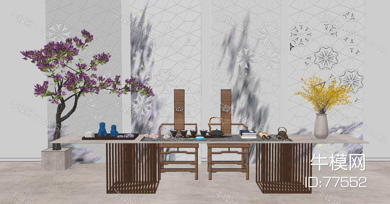新中式茶桌椅，茶具盆景盆栽植物花瓶