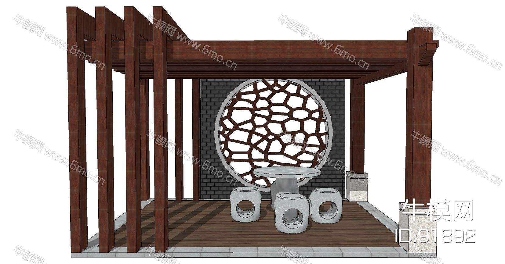 新中式影壁墙廊架凉亭庭院石桌椅石凳