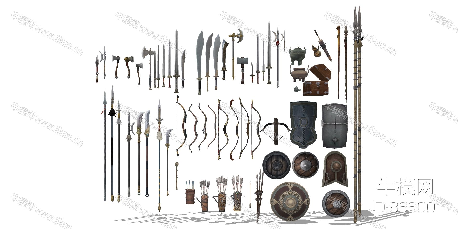 刀枪弓弩盾牌武器铜炉葫芦弩箭大刀斧头组合su模型下载
