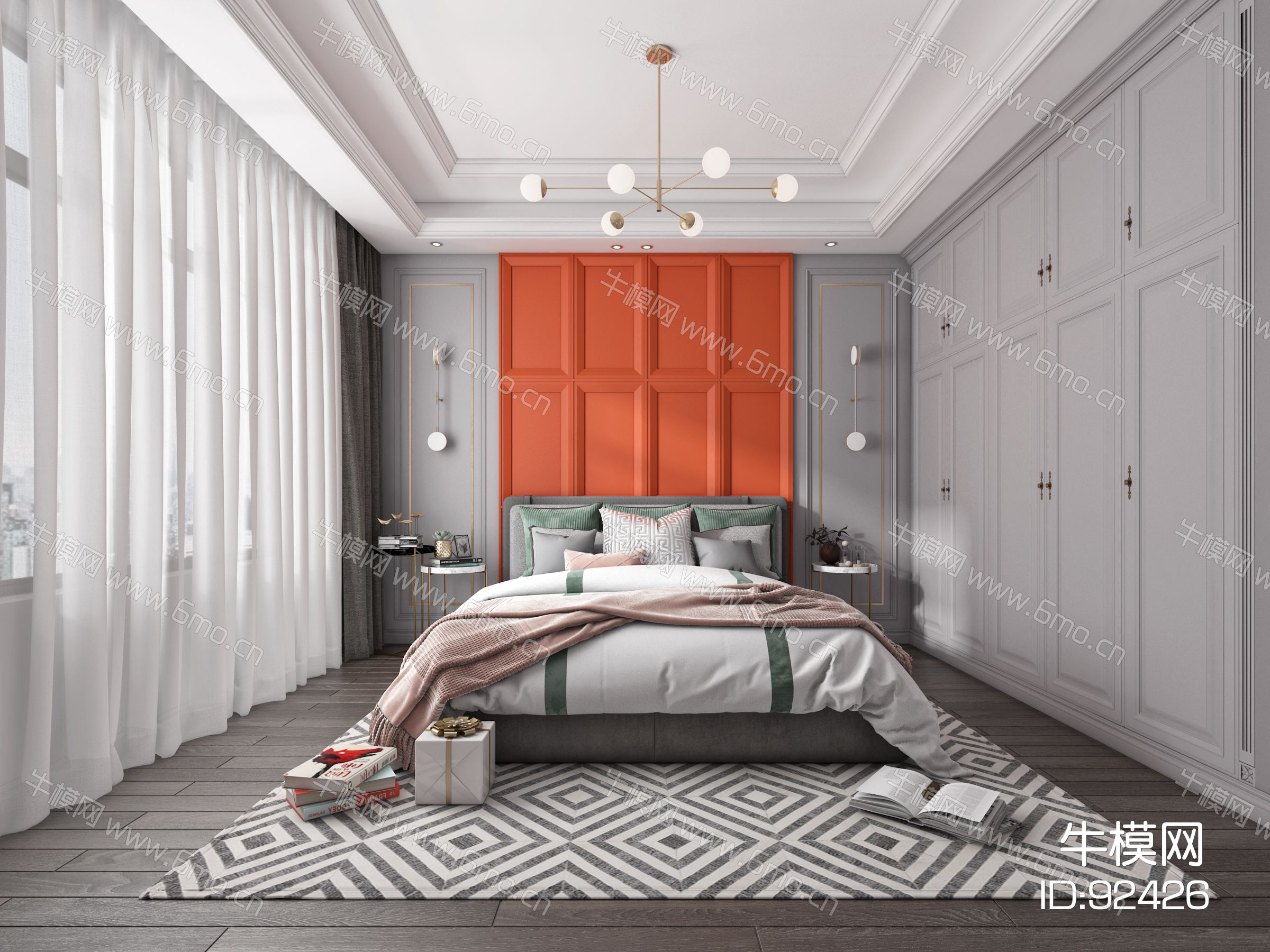现代卧室，床，电视，窗帘，装饰画