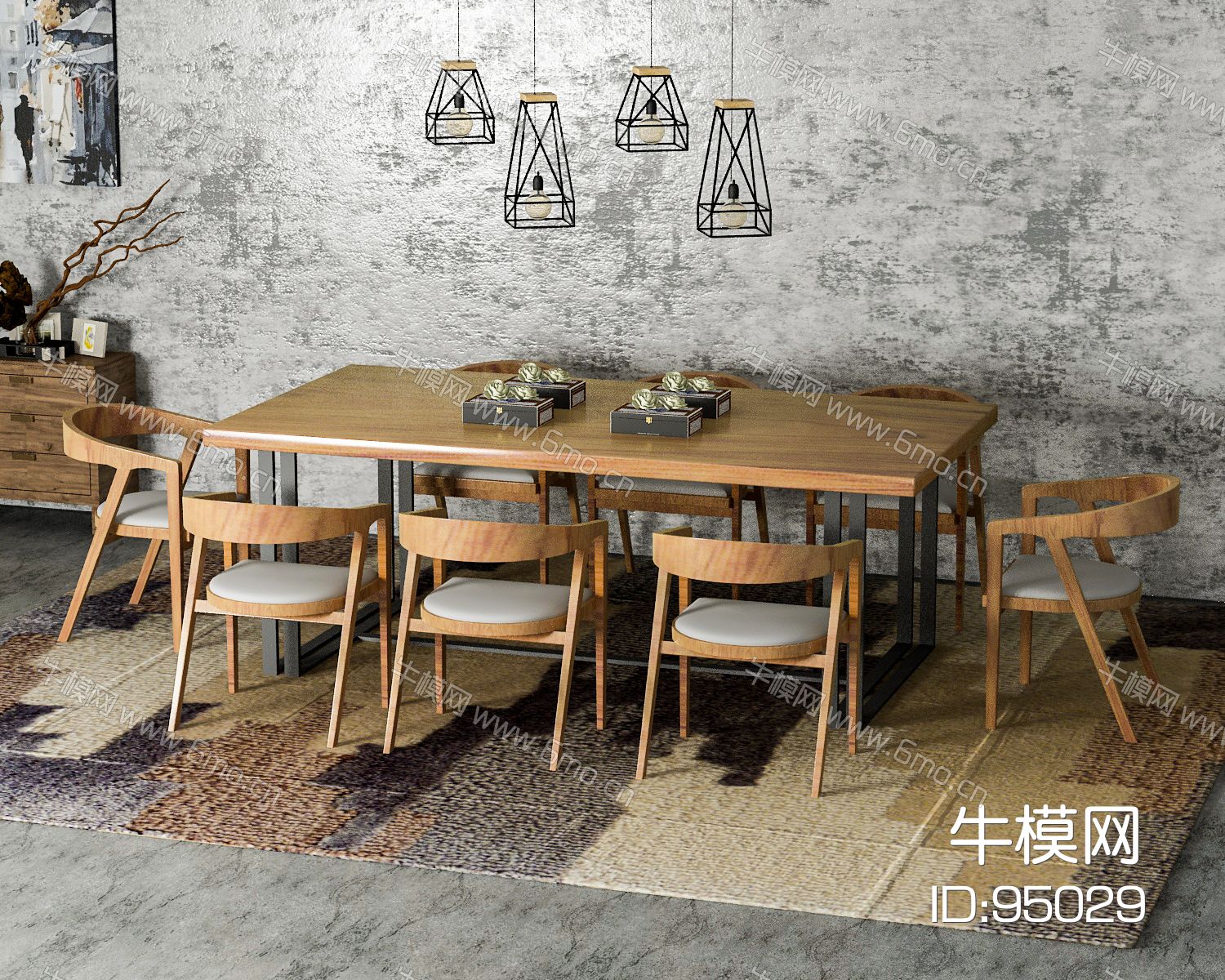  loft工业风复古实木餐桌椅餐具组合吊灯边柜装饰画 牛角椅餐桌椅