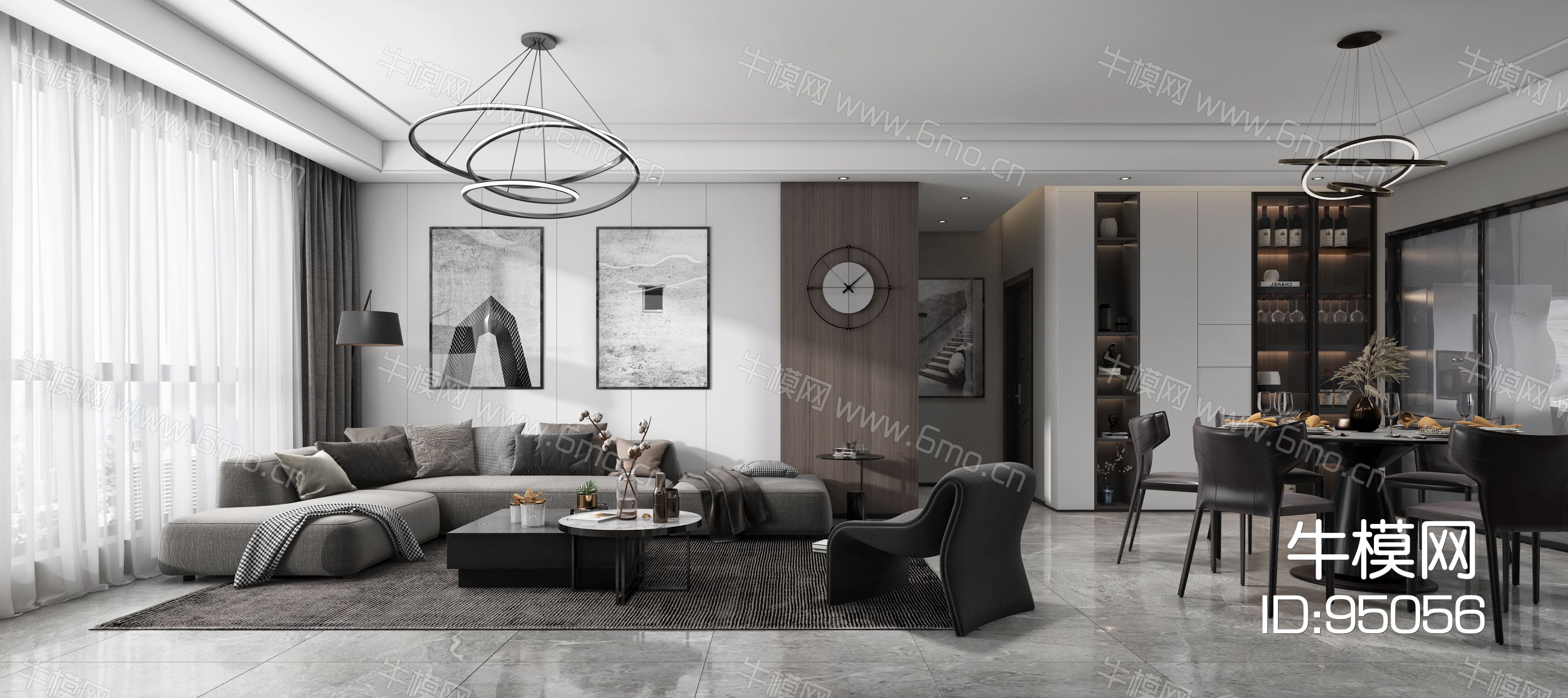 现代极简黑白灰简约客厅餐厅,沙发，餐桌，电视柜，吊灯，装饰画2014版