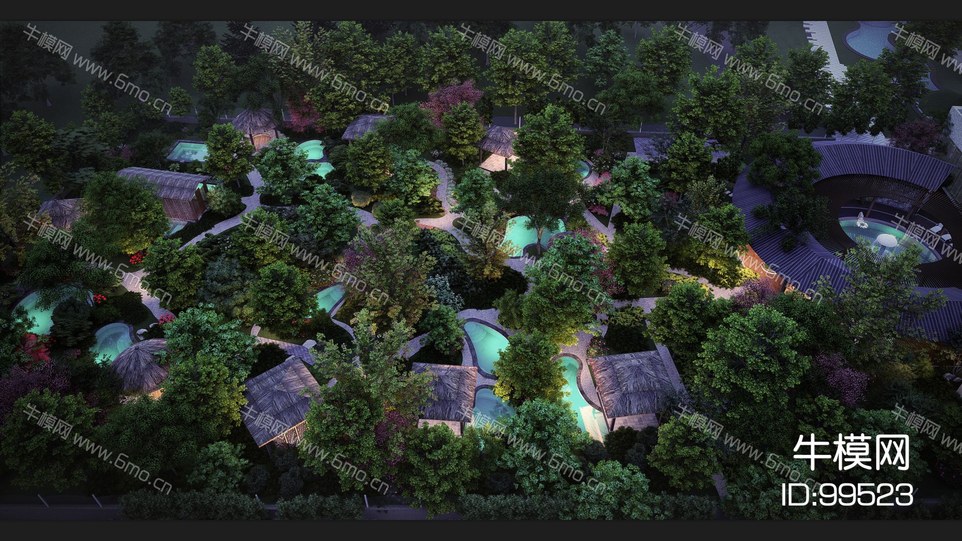 中式温泉区整体模型 温泉度假村