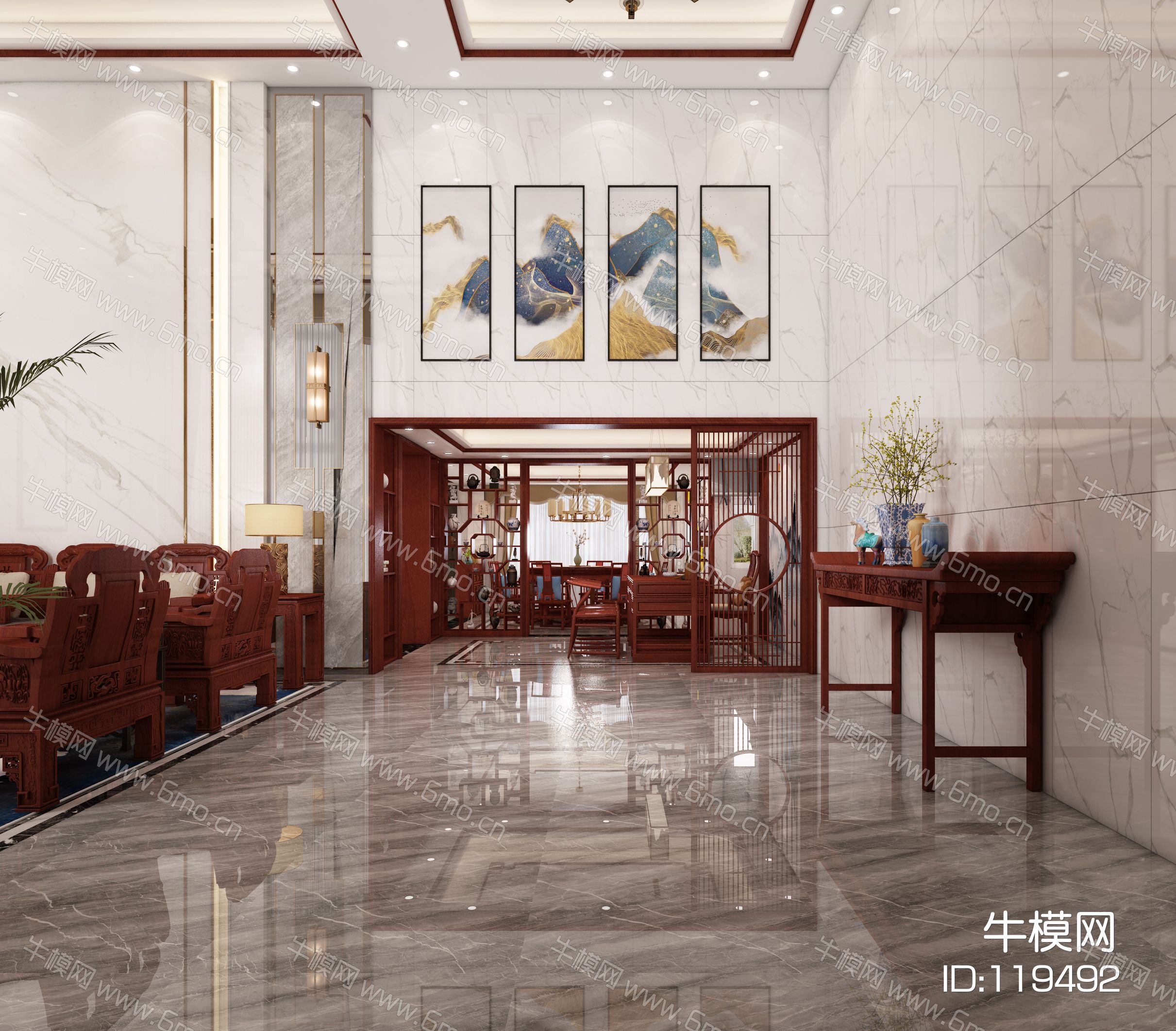 新中式别墅客餐厅，别墅客餐厅，挑空客餐厅，