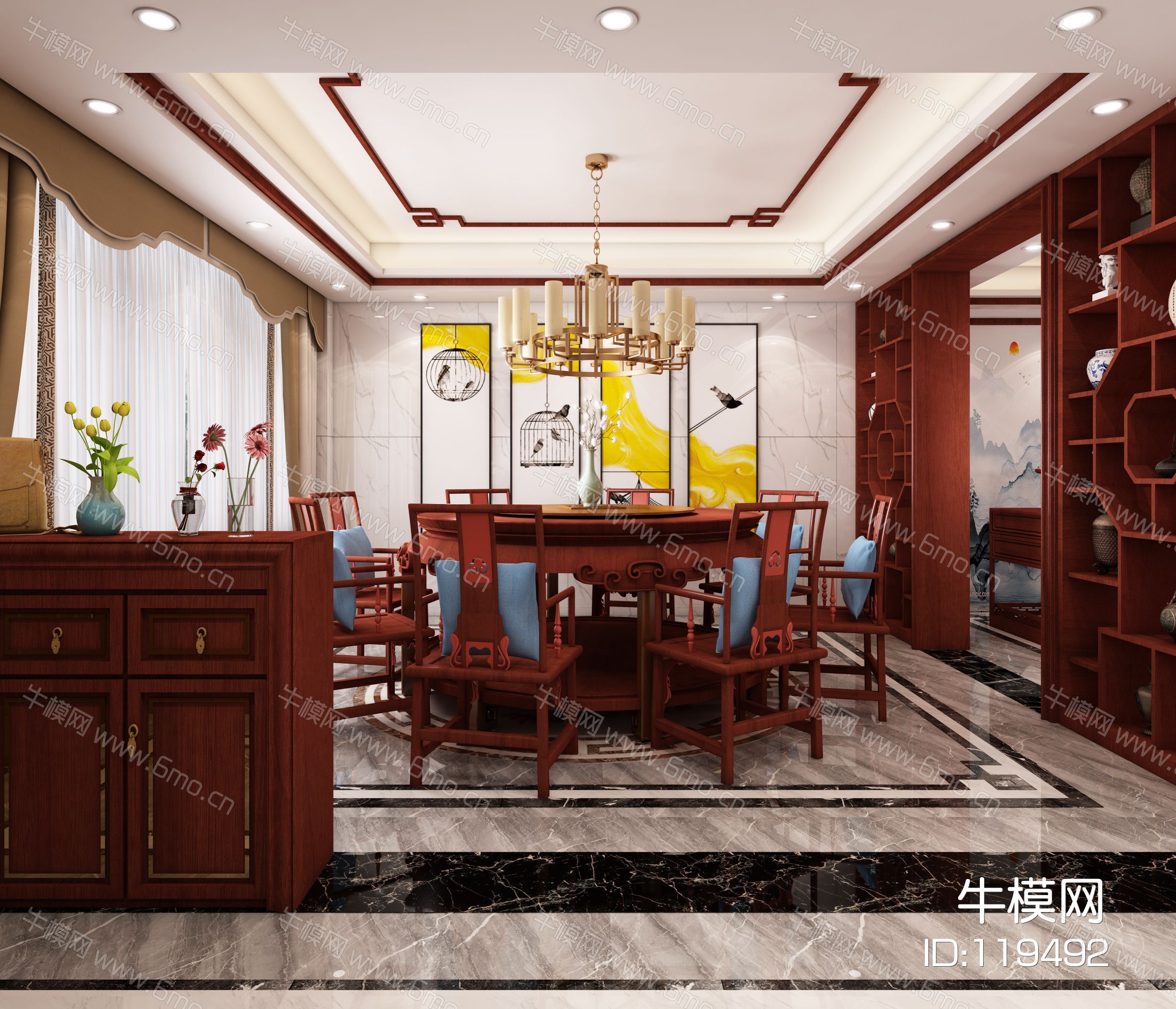 新中式别墅客餐厅，别墅客餐厅，挑空客餐厅，