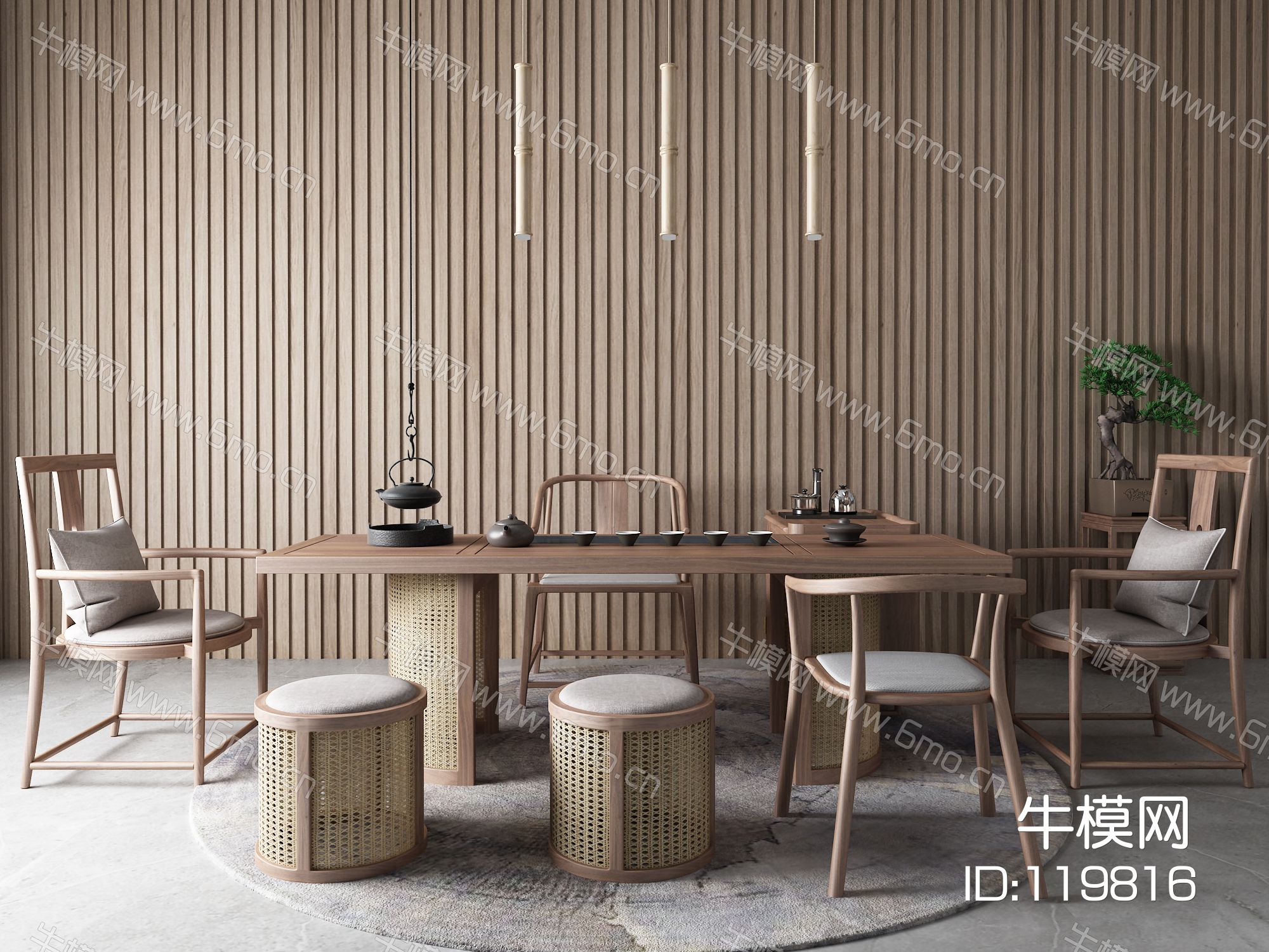 新中式茶桌椅 盆栽